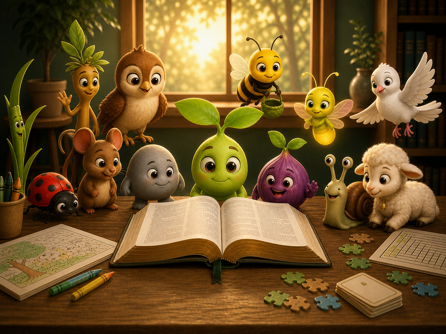 Sprout and all twelve approved friends gathered around an open Bible with coloring pages and puzzles