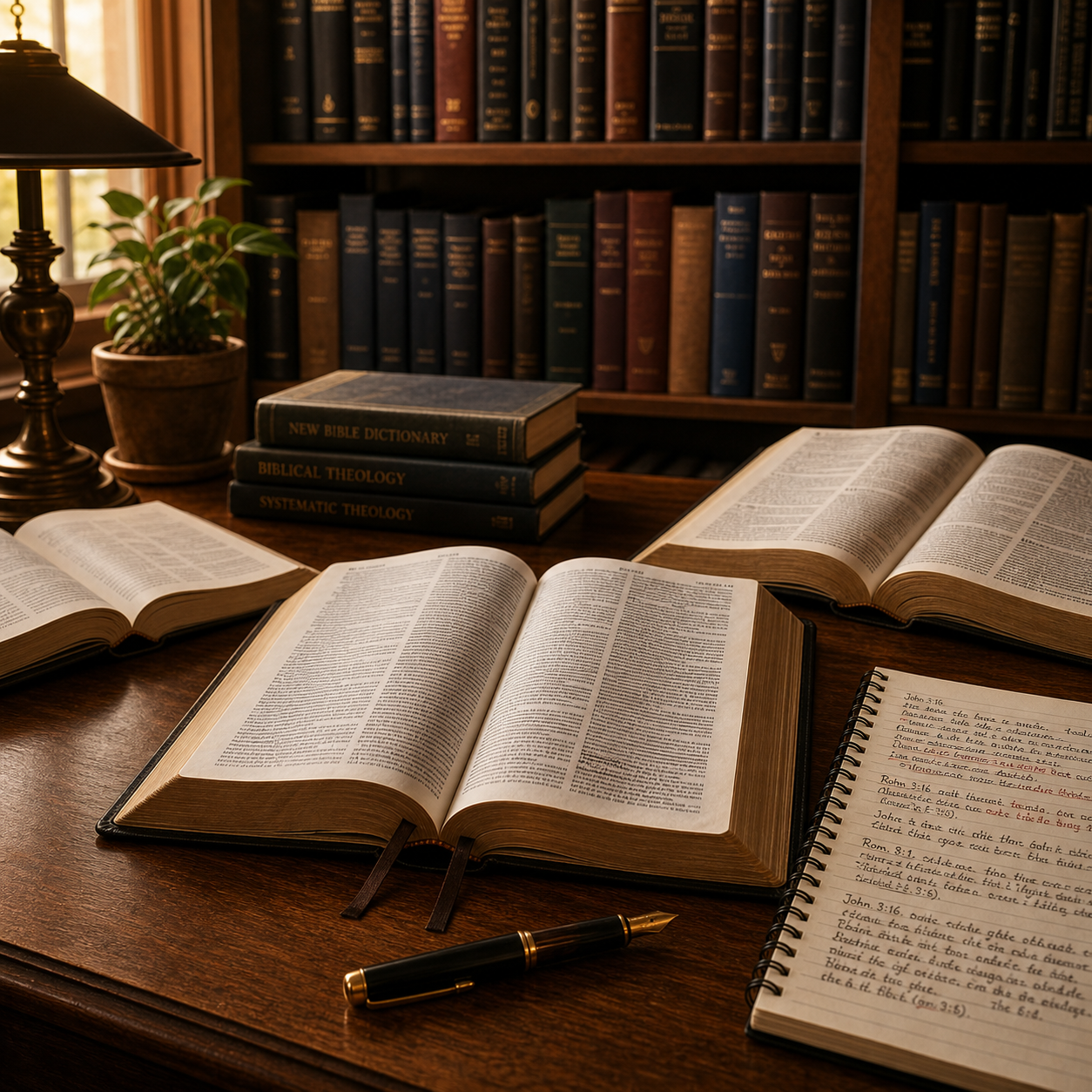 An open Bible with study notes, reference books, and a theological library