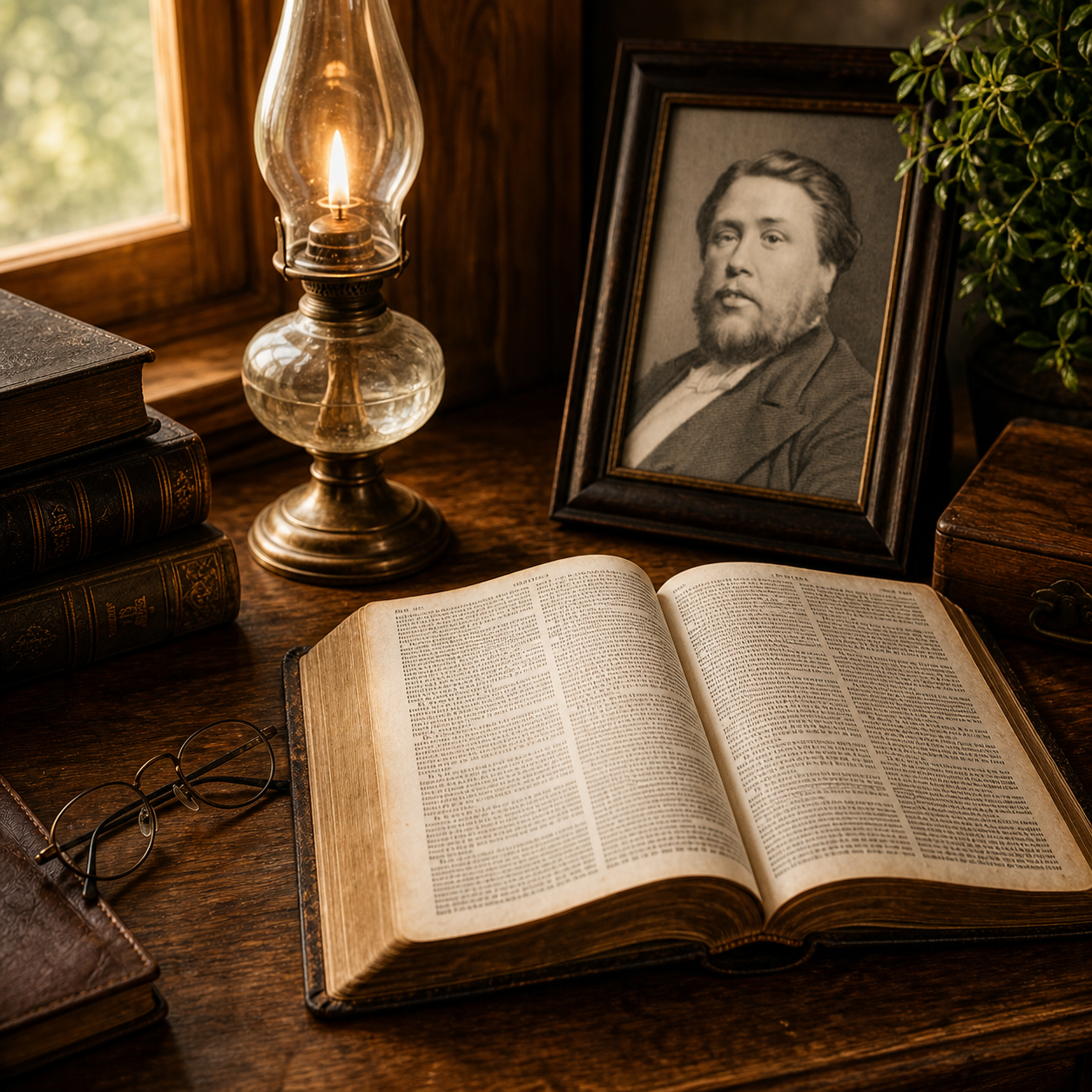 A worn open Bible with reading glasses, an oil lamp, and a portrait of Charles Spurgeon