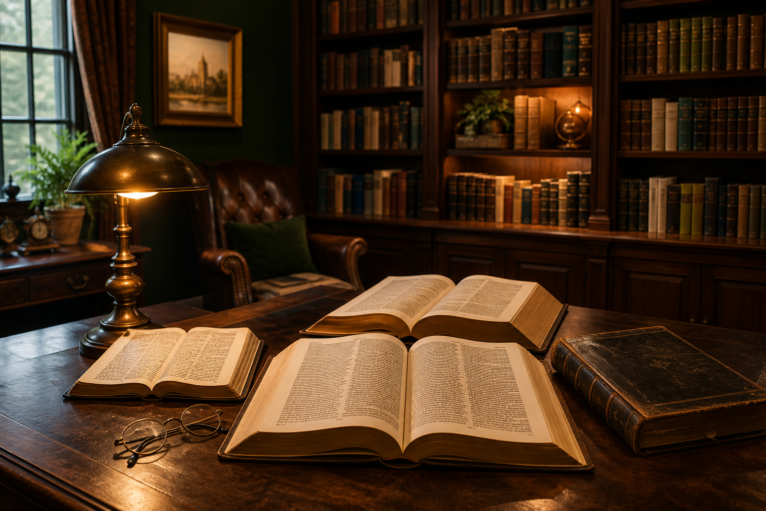 A warm Christian study library with books and an open Bible