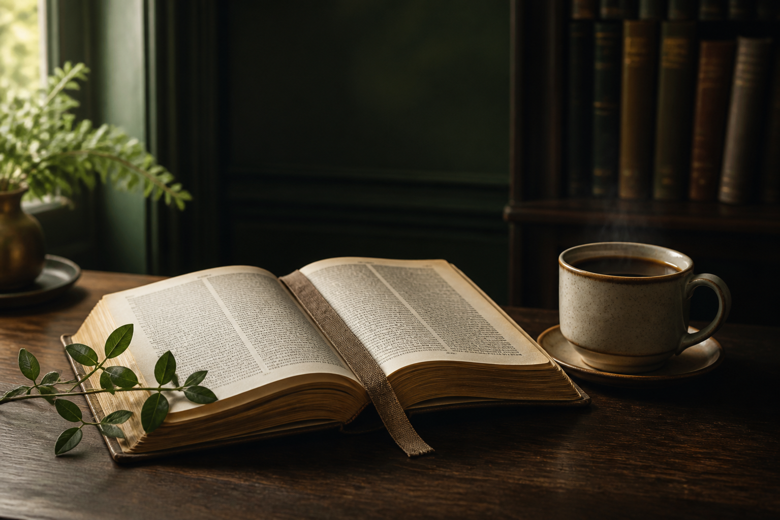 An open Bible beside a warm cup of coffee in a quiet green reading room