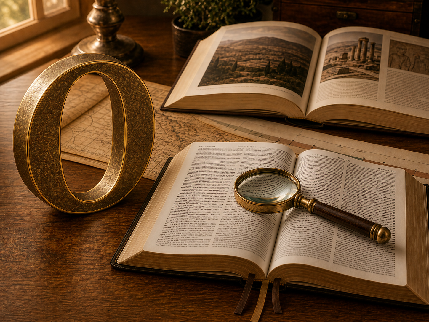 A large brass O beside Bible-study maps, references, and a magnifying glass