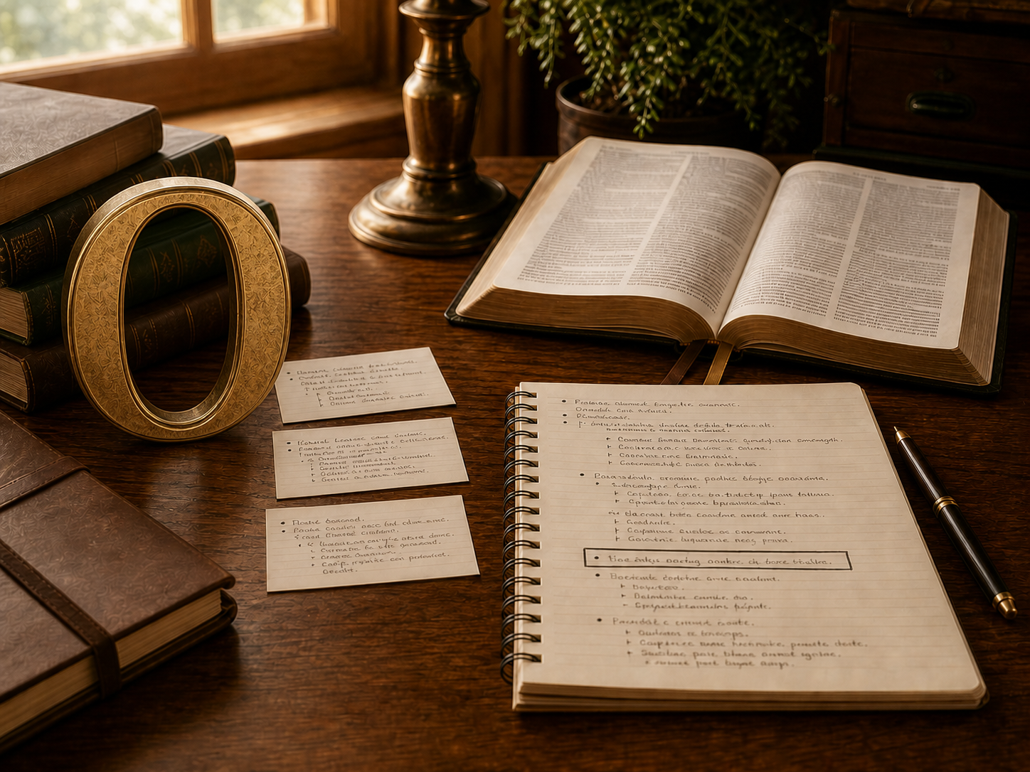 A large brass O beside an open Bible and organized study outline