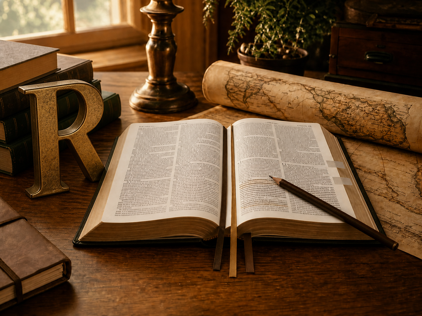 A large brass R beside an open Bible ready to be read carefully