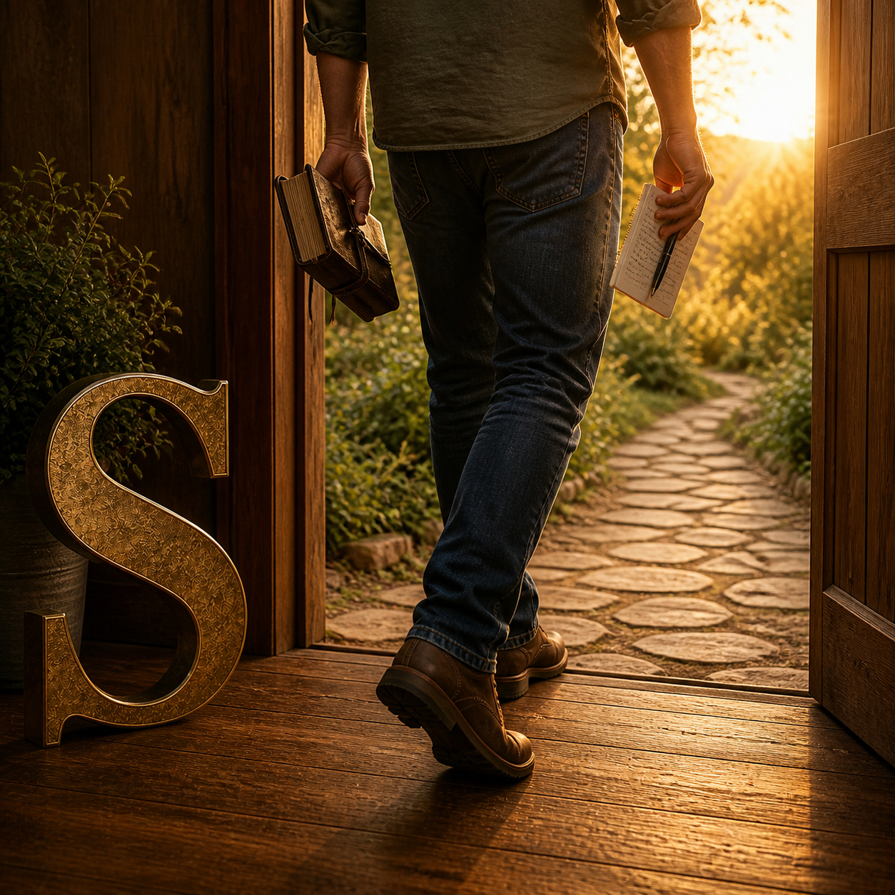 A large brass S beside a man carrying his Bible and notes out the door