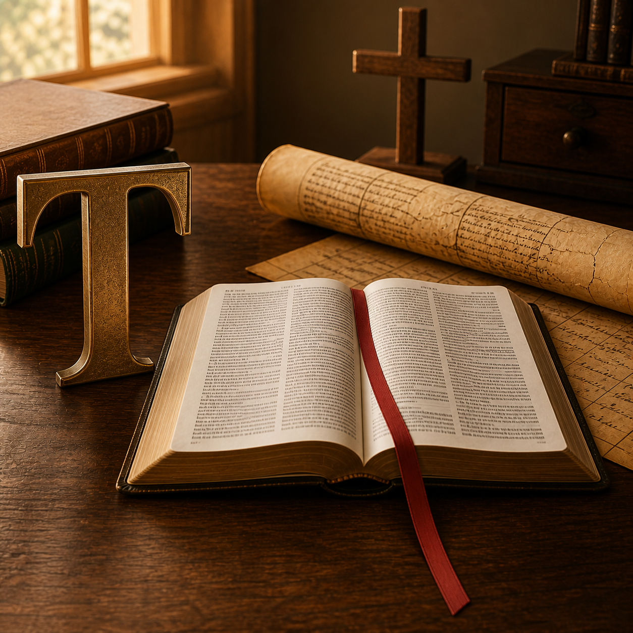 A large brass T beside Scripture, prophecy notes, and a cross