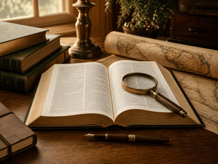 An open Bible studied with a map, reference books, and magnifying glass