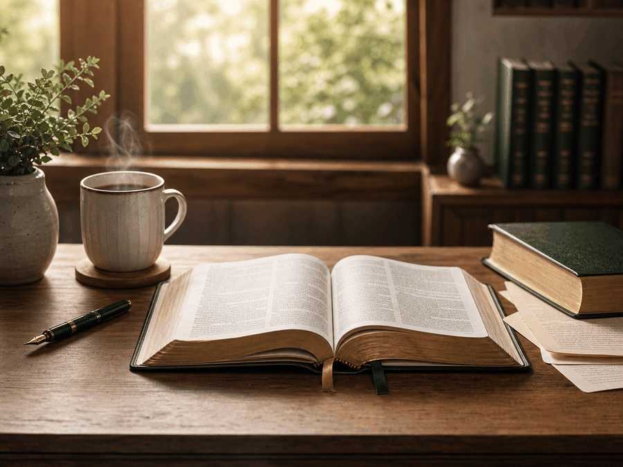 Open Bibles and coffee prepared for careful repeated reading