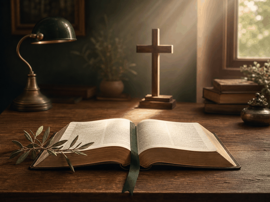 An open Bible leading the reader's attention toward the cross