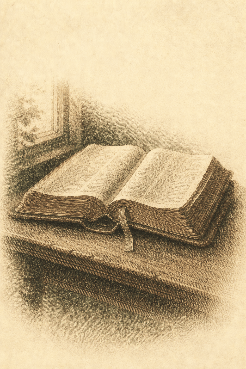 An engraving of a well-worn open Bible on a table by a window